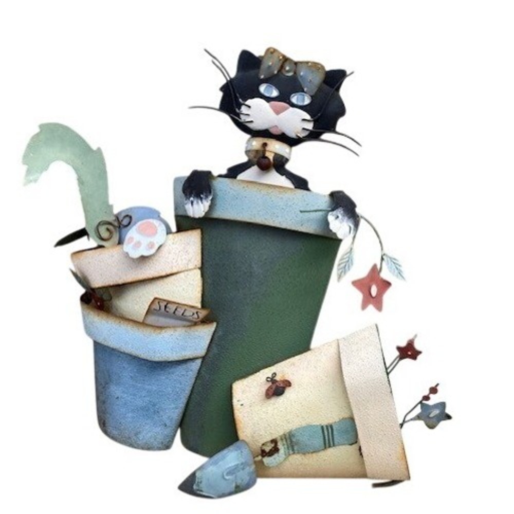 Cat in Flowerpot Yard Art Vintage Metal Lady Bugs Hand Painted 12" x 12"